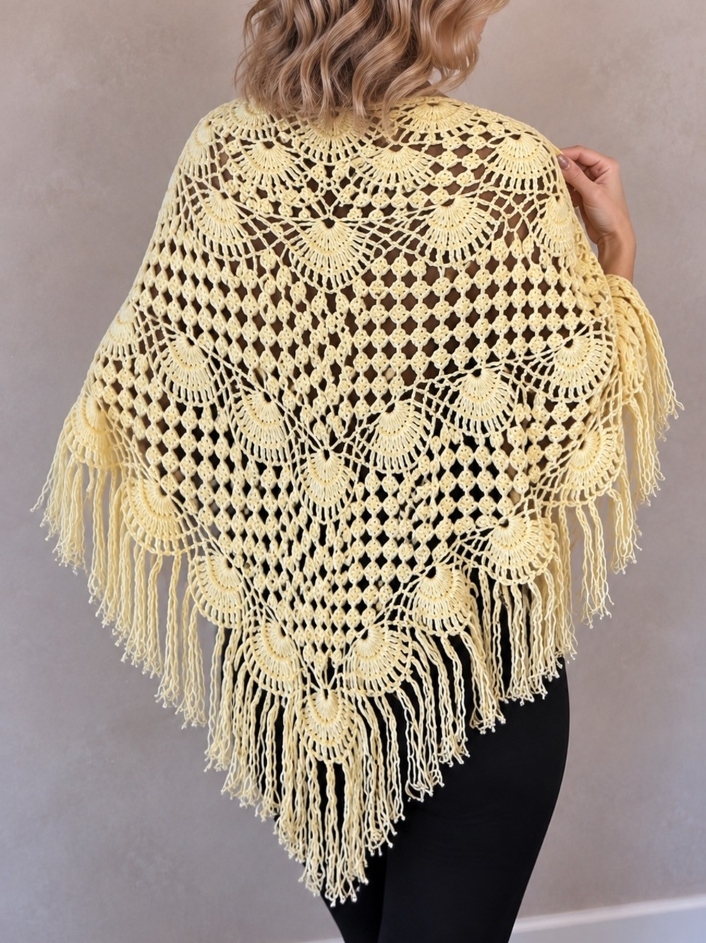 Light Yellow Crochet Fringe Wrap Shawl